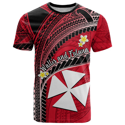 Wallis And Futuna T Shirt Plumeria Flowers With Red Polynesian Pattern