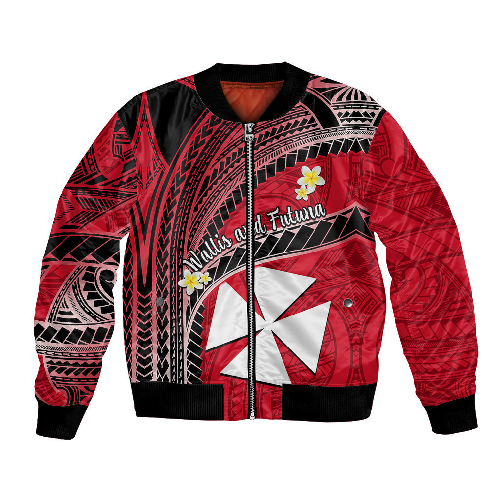 (Custom Personalised) Wallis And Futuna Bomber Jacket Plumeria Flowers With Red Polynesian Pattern