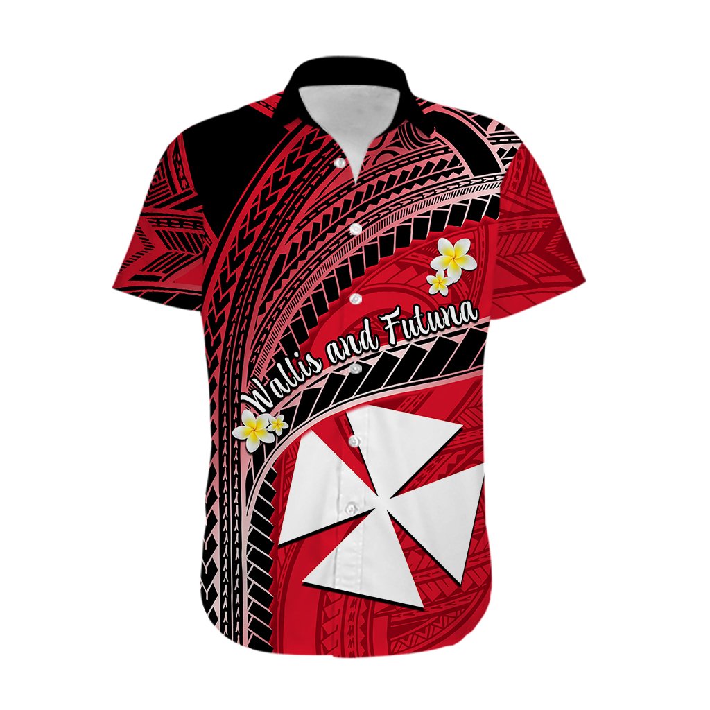 Custom Personalised Wallis And Futuna Hawaiian Shirt Plumeria Flowers With Red Polynesian Pattern