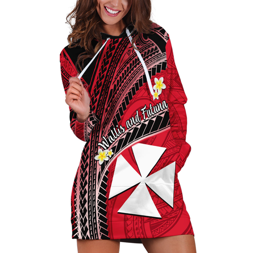 Custom Personalised Wallis And Futuna Hoodie Dress Plumeria Flowers With Red Polynesian Pattern