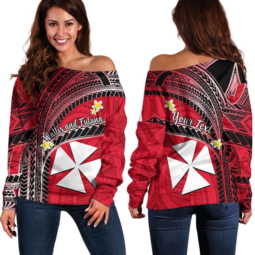 (Custom Personalised) Wallis And Futuna Off Shoulder Sweater Plumeria Flowers With Red Polynesian Pattern
