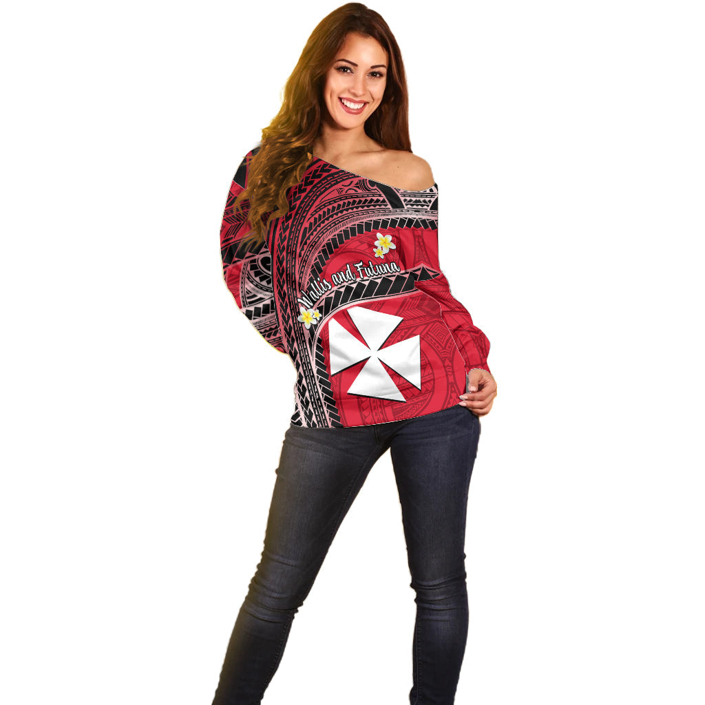 (Custom Personalised) Wallis And Futuna Off Shoulder Sweater Plumeria Flowers With Red Polynesian Pattern