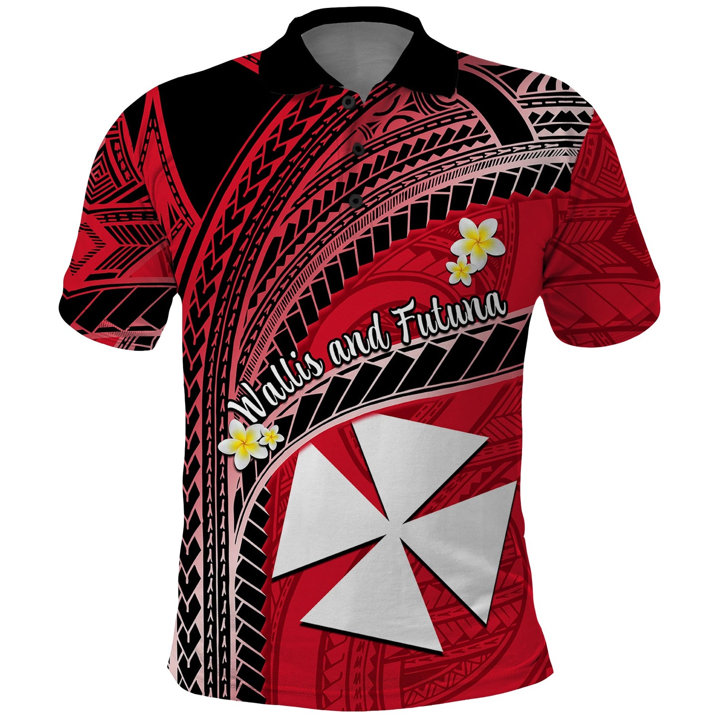 Custom Personalised Wallis And Futuna Polo Shirt Plumeria Flowers With Red Polynesian Pattern