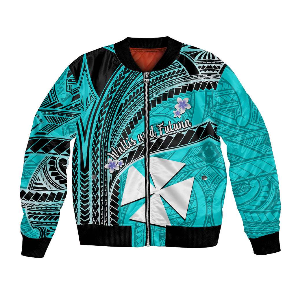 (Custom Personalised) Wallis And Futuna Bomber Jacket Plumeria Flowers With Turquoise Polynesian Pattern