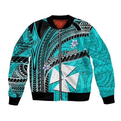 (Custom Personalised) Wallis And Futuna Bomber Jacket Plumeria Flowers With Turquoise Polynesian Pattern