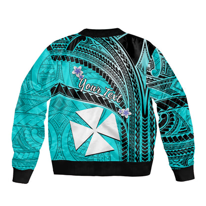 (Custom Personalised) Wallis And Futuna Bomber Jacket Plumeria Flowers With Turquoise Polynesian Pattern