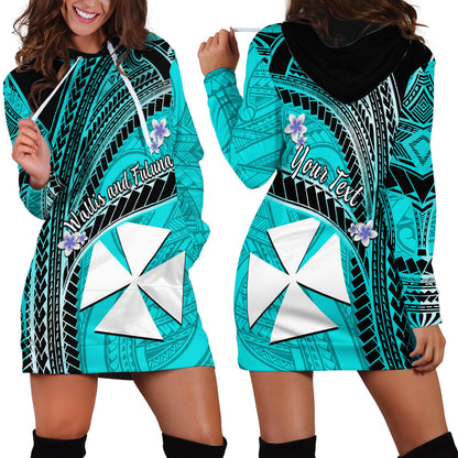 Custom Personalised Wallis And Futuna Hoodie Dress Plumeria Flowers With Turquoise Polynesian Pattern