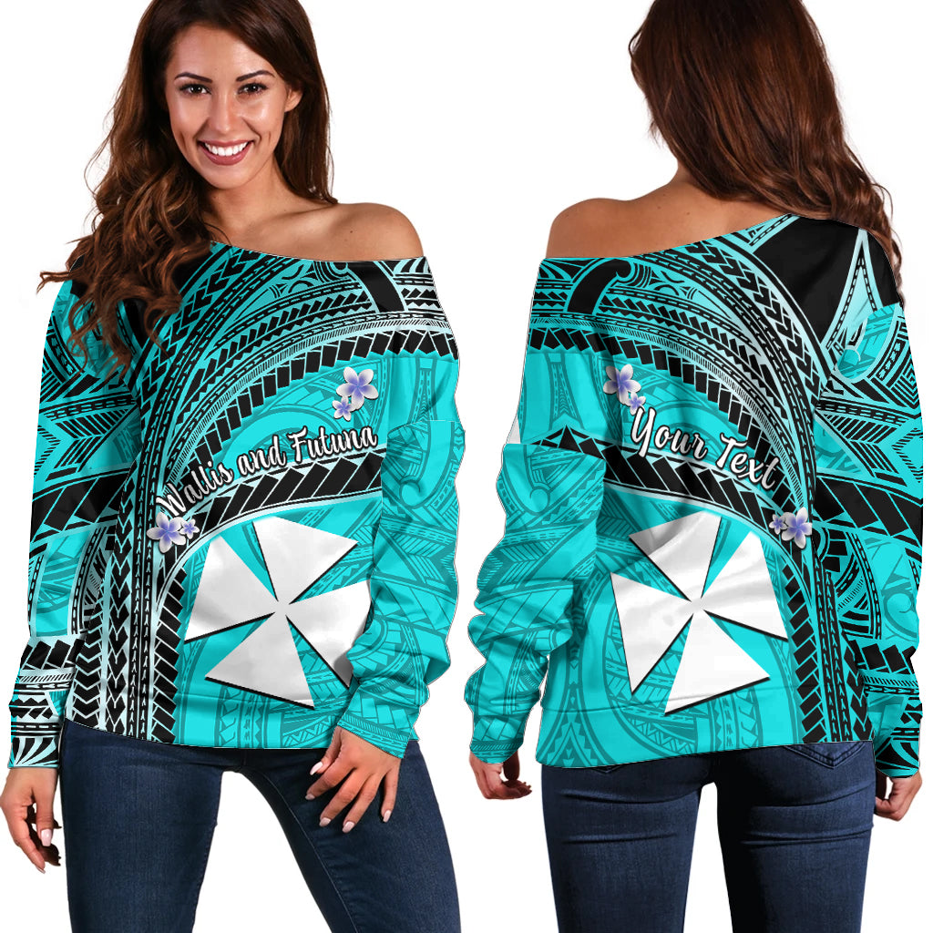 (Custom Personalised) Wallis And Futuna Off Shoulder Sweater Plumeria Flowers With Turquoise Polynesian Pattern