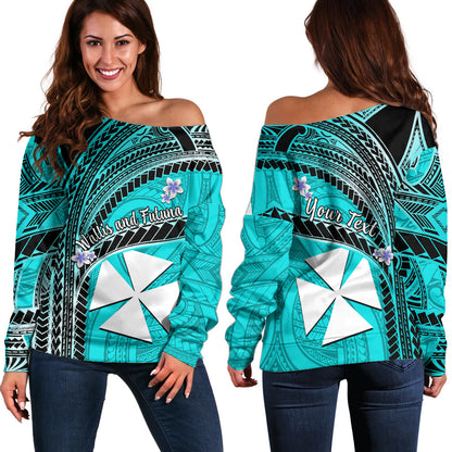 (Custom Personalised) Wallis And Futuna Off Shoulder Sweater Plumeria Flowers With Turquoise Polynesian Pattern