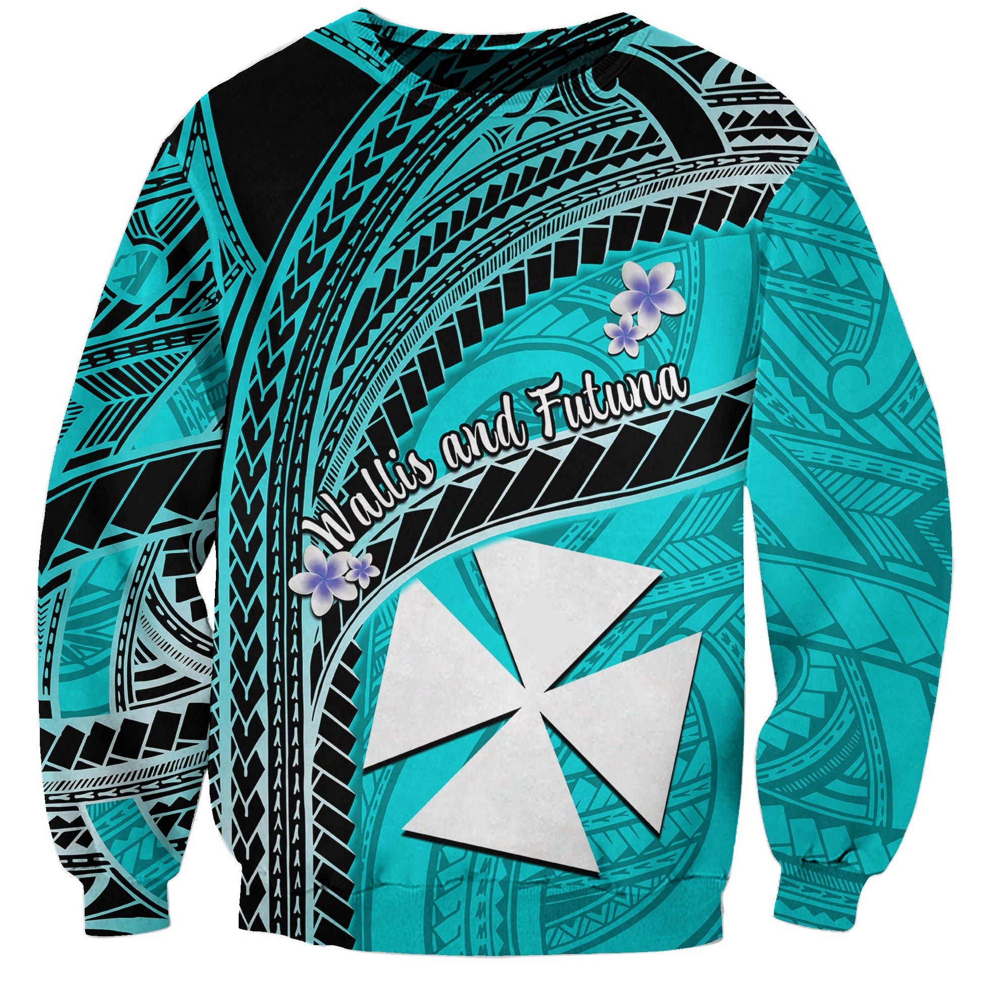 Custom Personalised Wallis And Futuna Sweatshirt Plumeria Flowers With Turquoise Polynesian Pattern