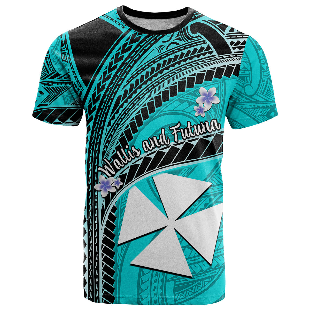 (Custom Personalised) Wallis And Futuna T Shirt Plumeria Flowers With Turquoise Polynesian Pattern