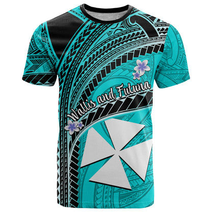(Custom Personalised) Wallis And Futuna T Shirt Plumeria Flowers With Turquoise Polynesian Pattern