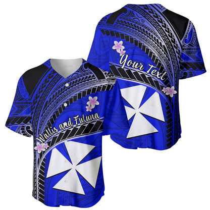 (Custom Personalised) Wallis And Futuna Baseball Jersey Plumeria Flowers With Blue Polynesian Pattern
