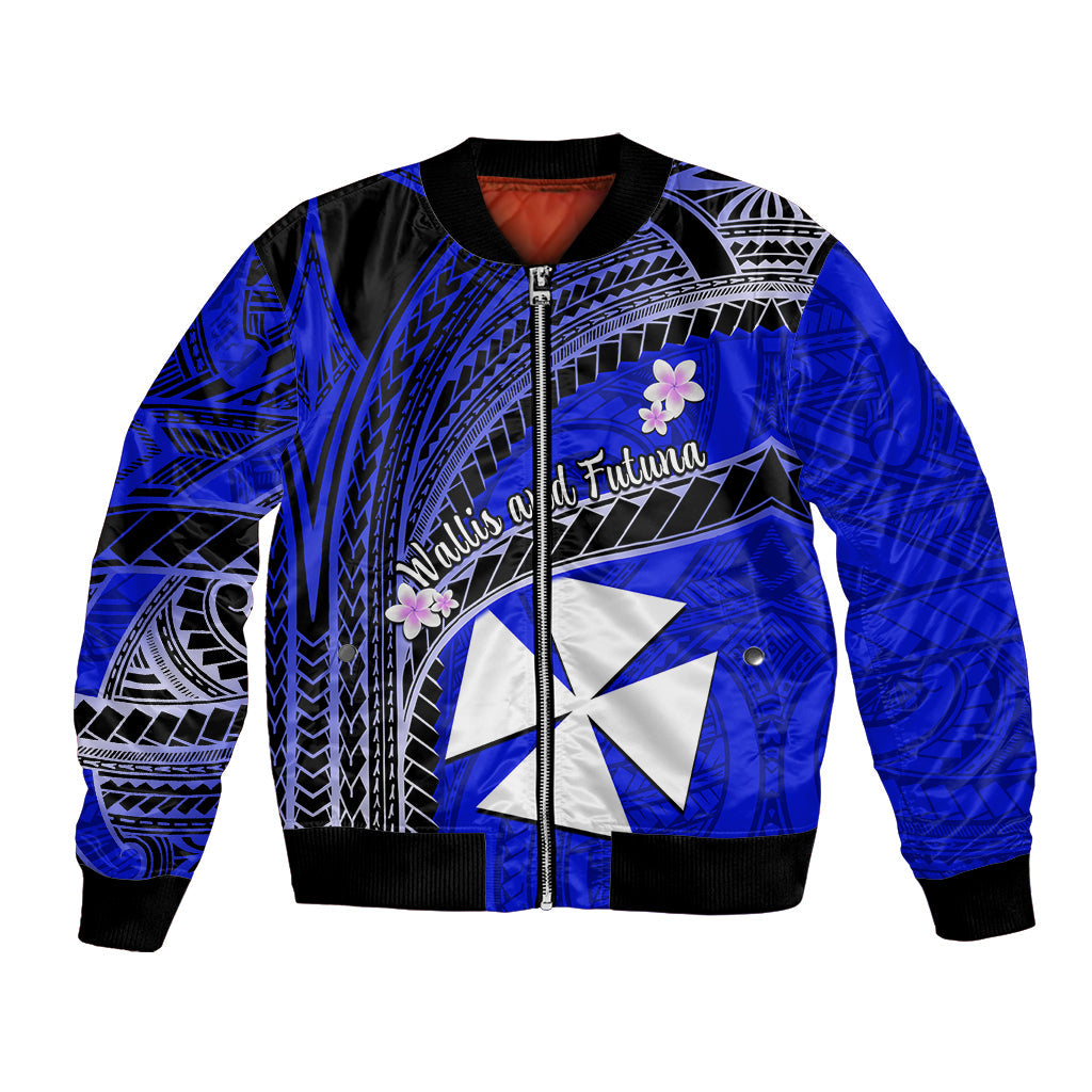 (Custom Personalised) Wallis And Futuna Bomber Jacket Plumeria Flowers With Blue Polynesian Pattern