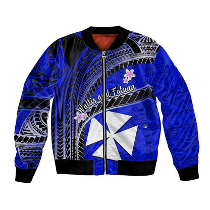 (Custom Personalised) Wallis And Futuna Bomber Jacket Plumeria Flowers With Blue Polynesian Pattern