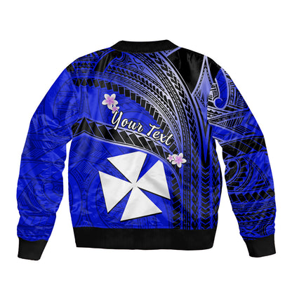 (Custom Personalised) Wallis And Futuna Bomber Jacket Plumeria Flowers With Blue Polynesian Pattern