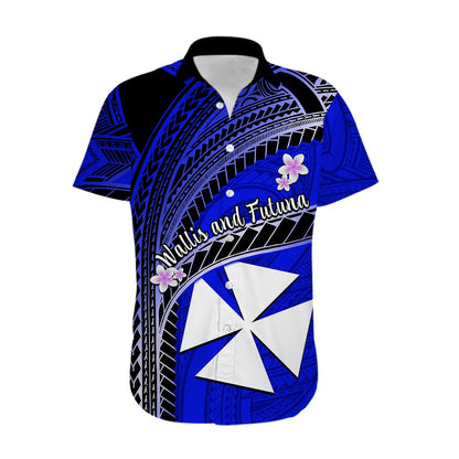 Custom Personalised Wallis And Futuna Hawaiian Shirt Plumeria Flowers With Blue Polynesian Pattern