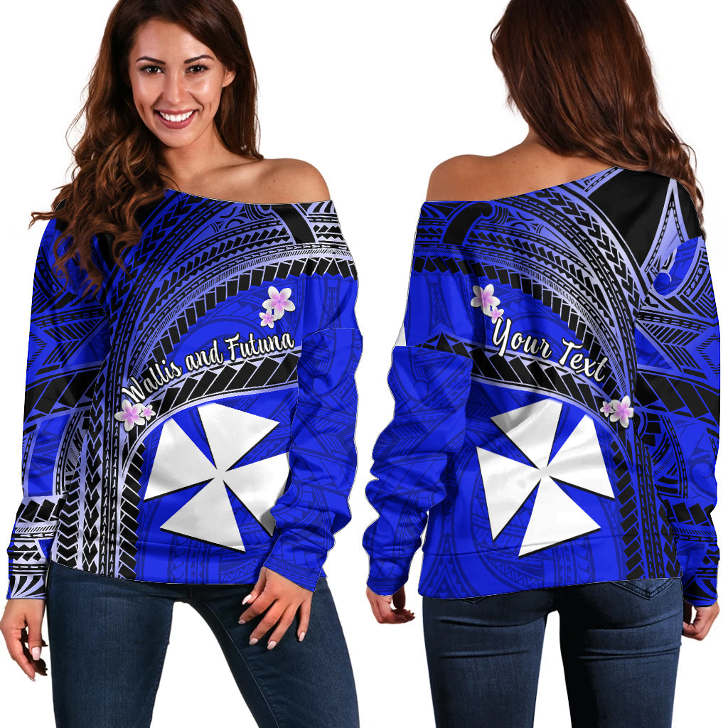 (Custom Personalised) Wallis And Futuna Off Shoulder Sweater Plumeria Flowers With Blue Polynesian Pattern