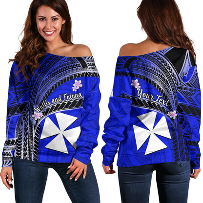 (Custom Personalised) Wallis And Futuna Off Shoulder Sweater Plumeria Flowers With Blue Polynesian Pattern