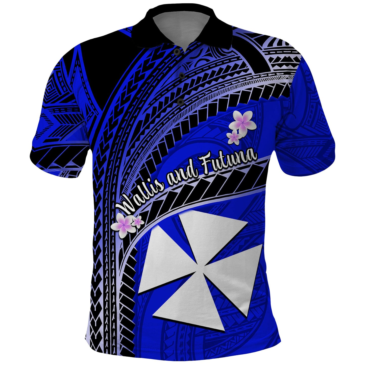 Custom Personalised Wallis And Futuna Polo Shirt Plumeria Flowers With Blue Polynesian Pattern