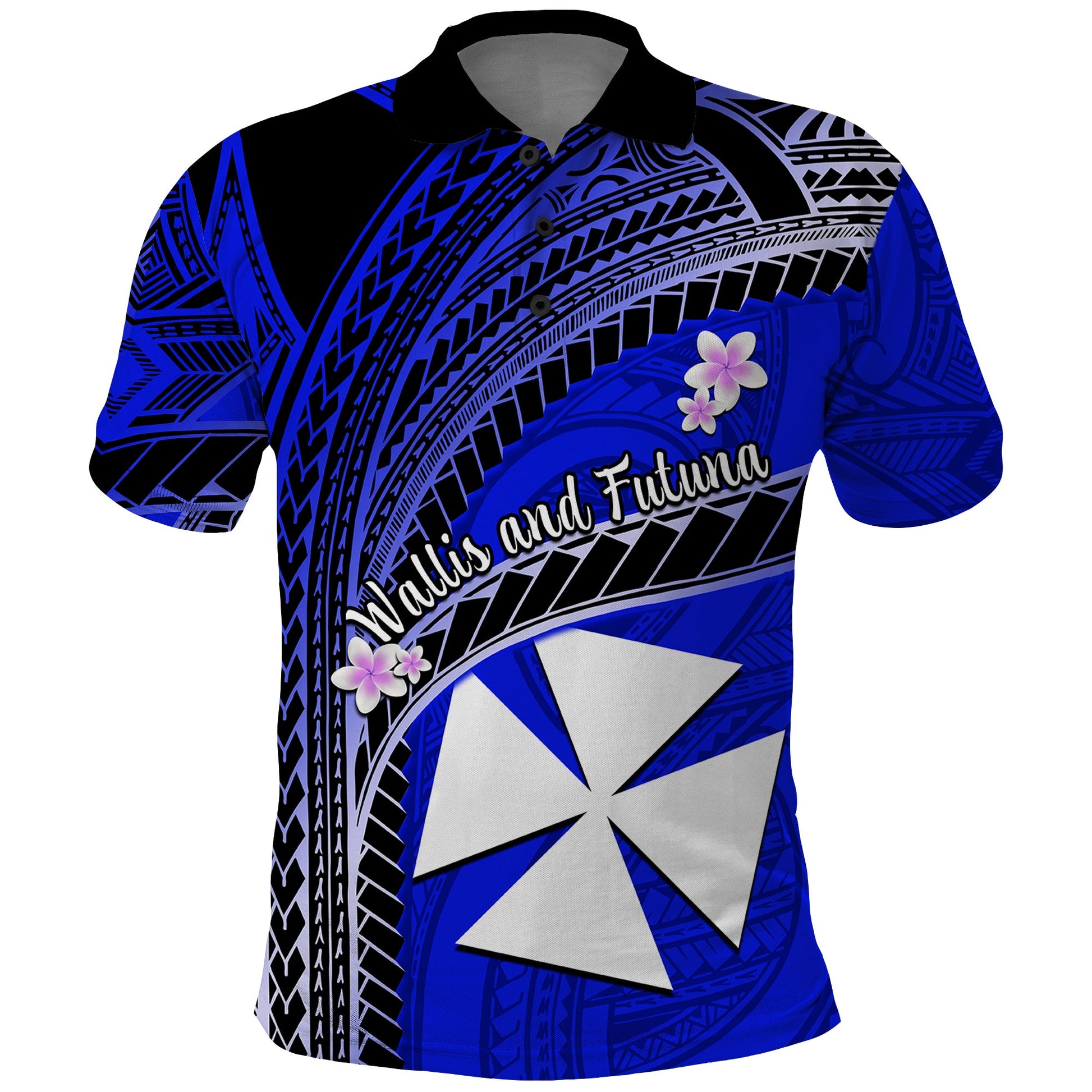 Custom Personalised Wallis And Futuna Polo Shirt Plumeria Flowers With Blue Polynesian Pattern