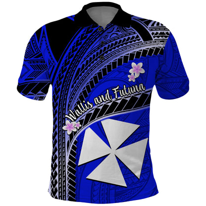 Custom Personalised Wallis And Futuna Polo Shirt Plumeria Flowers With Blue Polynesian Pattern