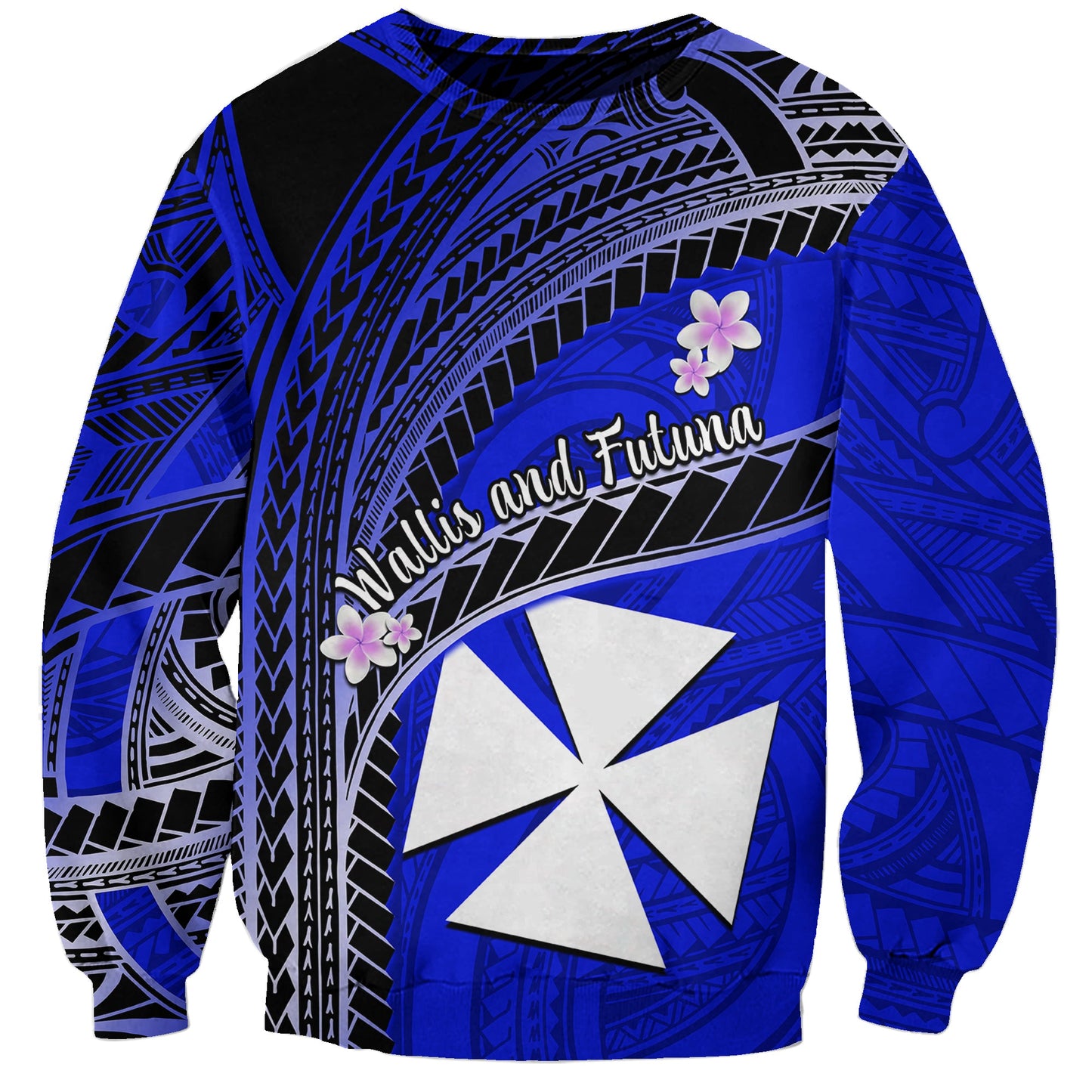 Custom Personalised Wallis And Futuna Sweatshirt Plumeria Flowers With Blue Polynesian Pattern
