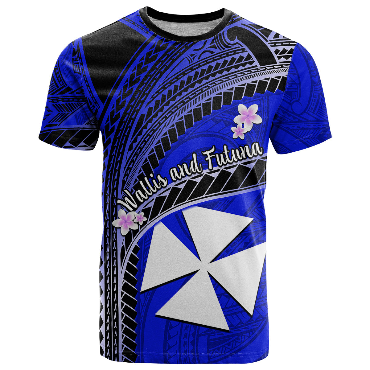 (Custom Personalised) Wallis And Futuna T Shirt Plumeria Flowers With Blue Polynesian Pattern