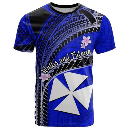 (Custom Personalised) Wallis And Futuna T Shirt Plumeria Flowers With Blue Polynesian Pattern