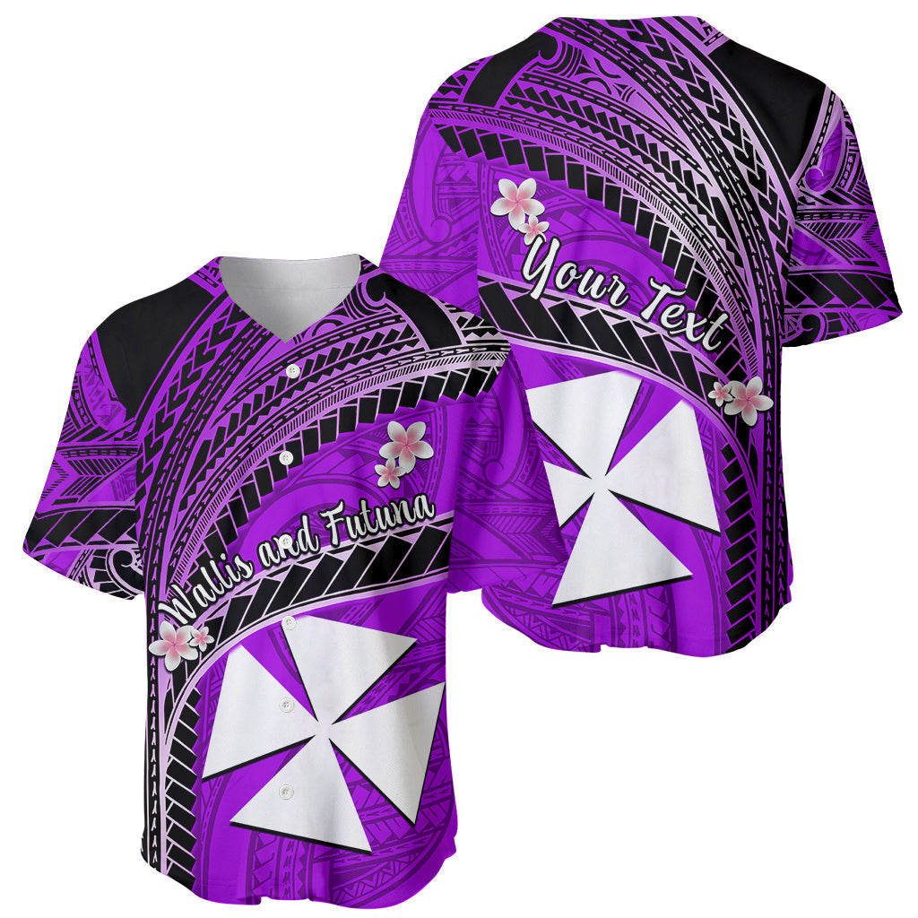 (Custom Personalised) Wallis And Futuna Baseball Jersey Plumeria Flowers With Purple Polynesian Pattern