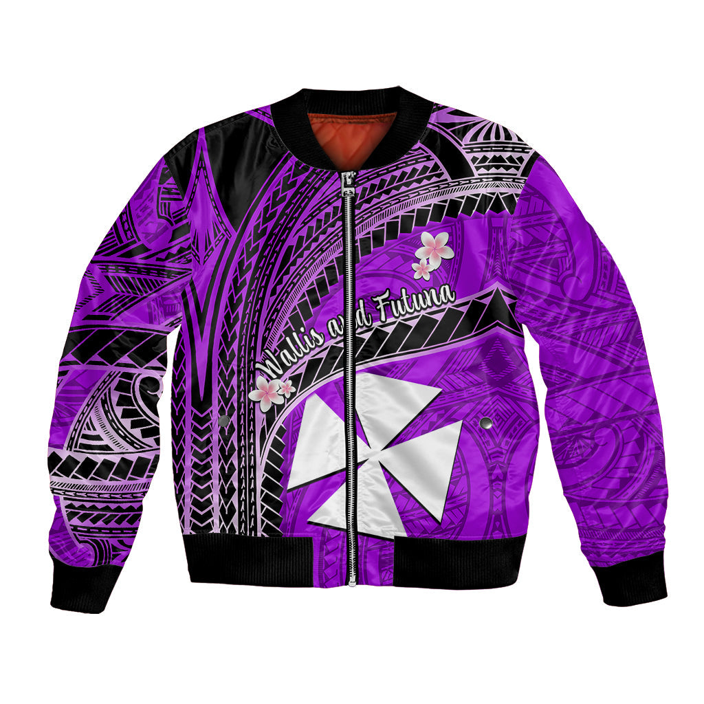 (Custom Personalised) Wallis And Futuna Bomber Jacket Plumeria Flowers With Purple Polynesian Pattern