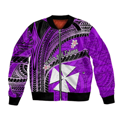 (Custom Personalised) Wallis And Futuna Bomber Jacket Plumeria Flowers With Purple Polynesian Pattern