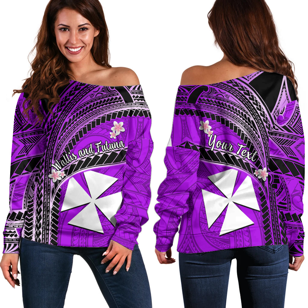 (Custom Personalised) Wallis And Futuna Off Shoulder Sweater Plumeria Flowers With Purple Polynesian Pattern