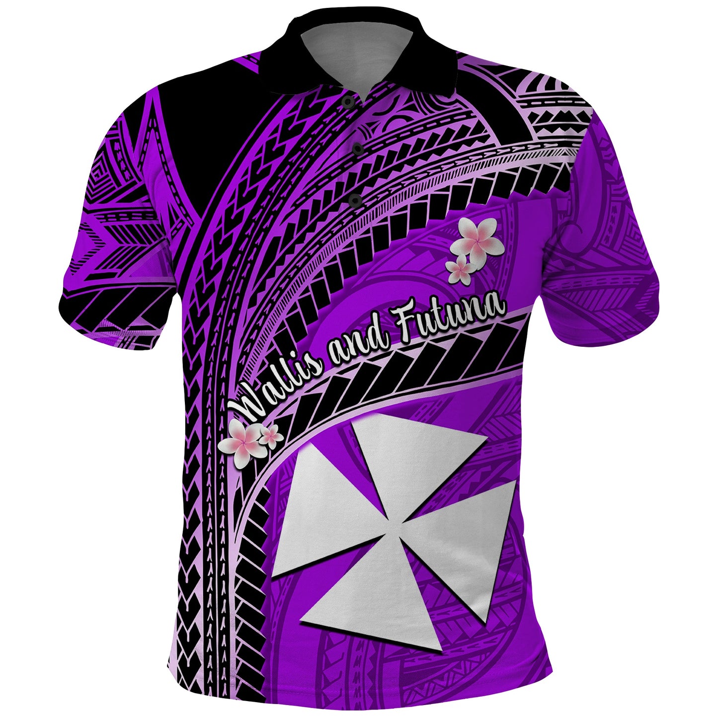Custom Personalised Wallis And Futuna Polo Shirt Plumeria Flowers With Purple Polynesian Pattern