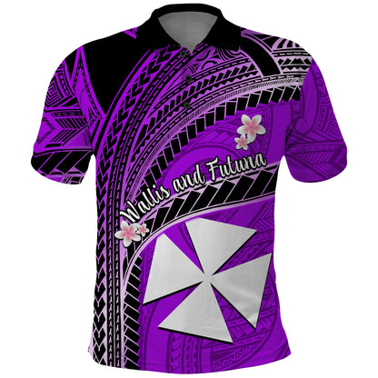 Custom Personalised Wallis And Futuna Polo Shirt Plumeria Flowers With Purple Polynesian Pattern