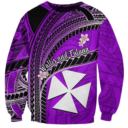 Custom Personalised Wallis And Futuna Sweatshirt Plumeria Flowers With Purple Polynesian Pattern