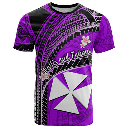 (Custom Personalised) Wallis And Futuna T Shirt Plumeria Flowers With Purple Polynesian Pattern