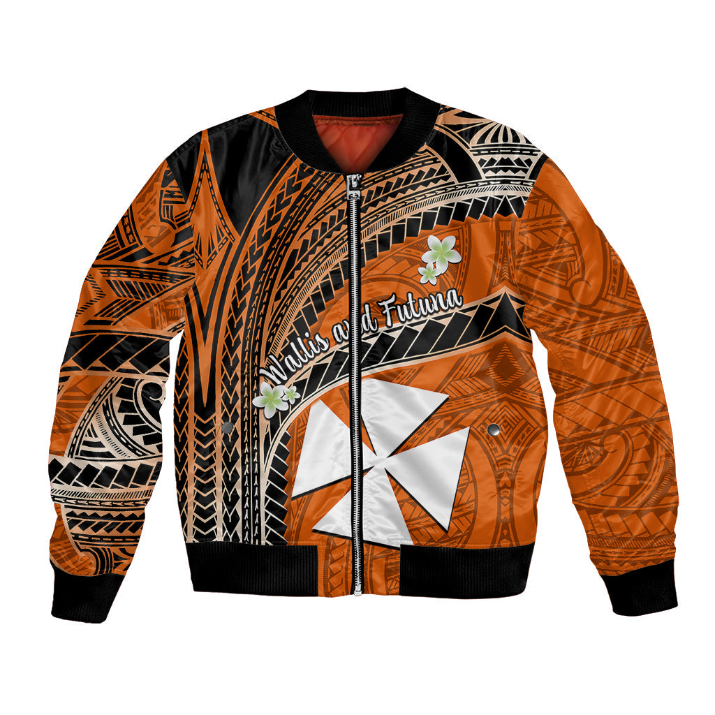 (Custom Personalised) Wallis And Futuna Bomber Jacket Plumeria Flowers With Orange Polynesian Pattern