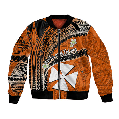 (Custom Personalised) Wallis And Futuna Bomber Jacket Plumeria Flowers With Orange Polynesian Pattern