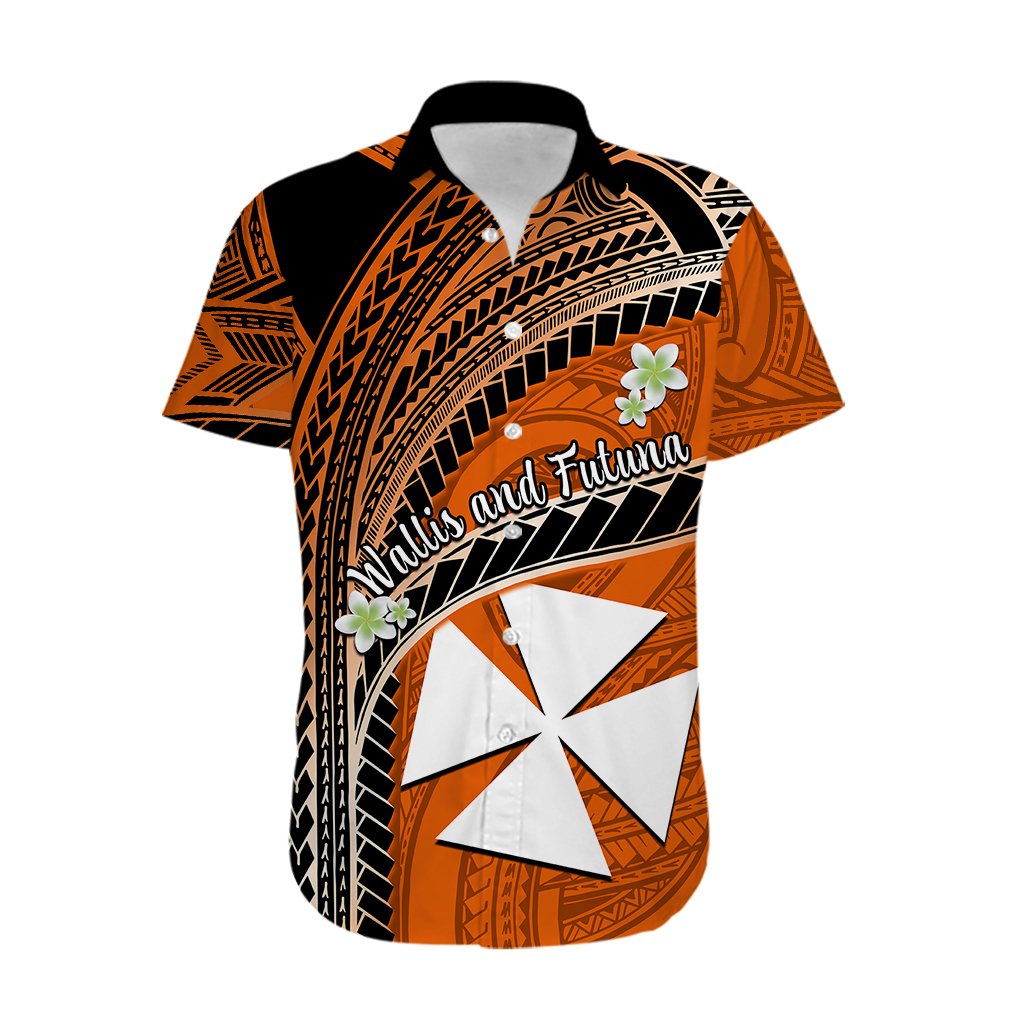 Custom Personalised Wallis And Futuna Hawaiian Shirt Plumeria Flowers With Orange Polynesian Pattern