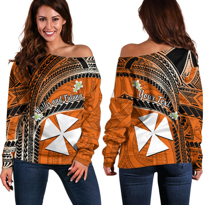 (Custom Personalised) Wallis And Futuna Off Shoulder Sweater Plumeria Flowers With Orange Polynesian Pattern