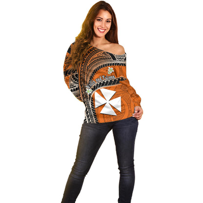 (Custom Personalised) Wallis And Futuna Off Shoulder Sweater Plumeria Flowers With Orange Polynesian Pattern