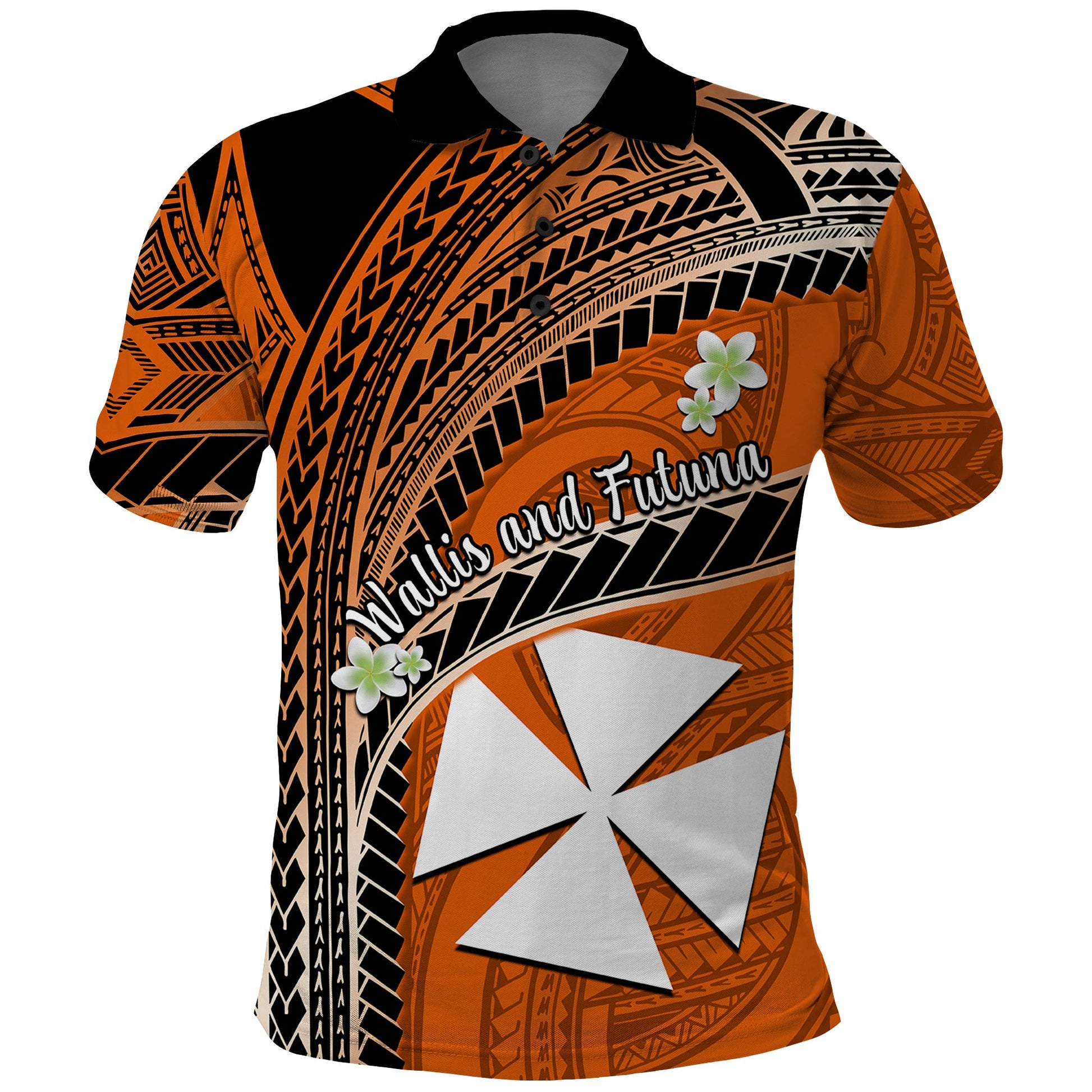 Custom Personalised Wallis And Futuna Polo Shirt Plumeria Flowers With Orange Polynesian Pattern