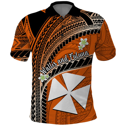 Custom Personalised Wallis And Futuna Polo Shirt Plumeria Flowers With Orange Polynesian Pattern