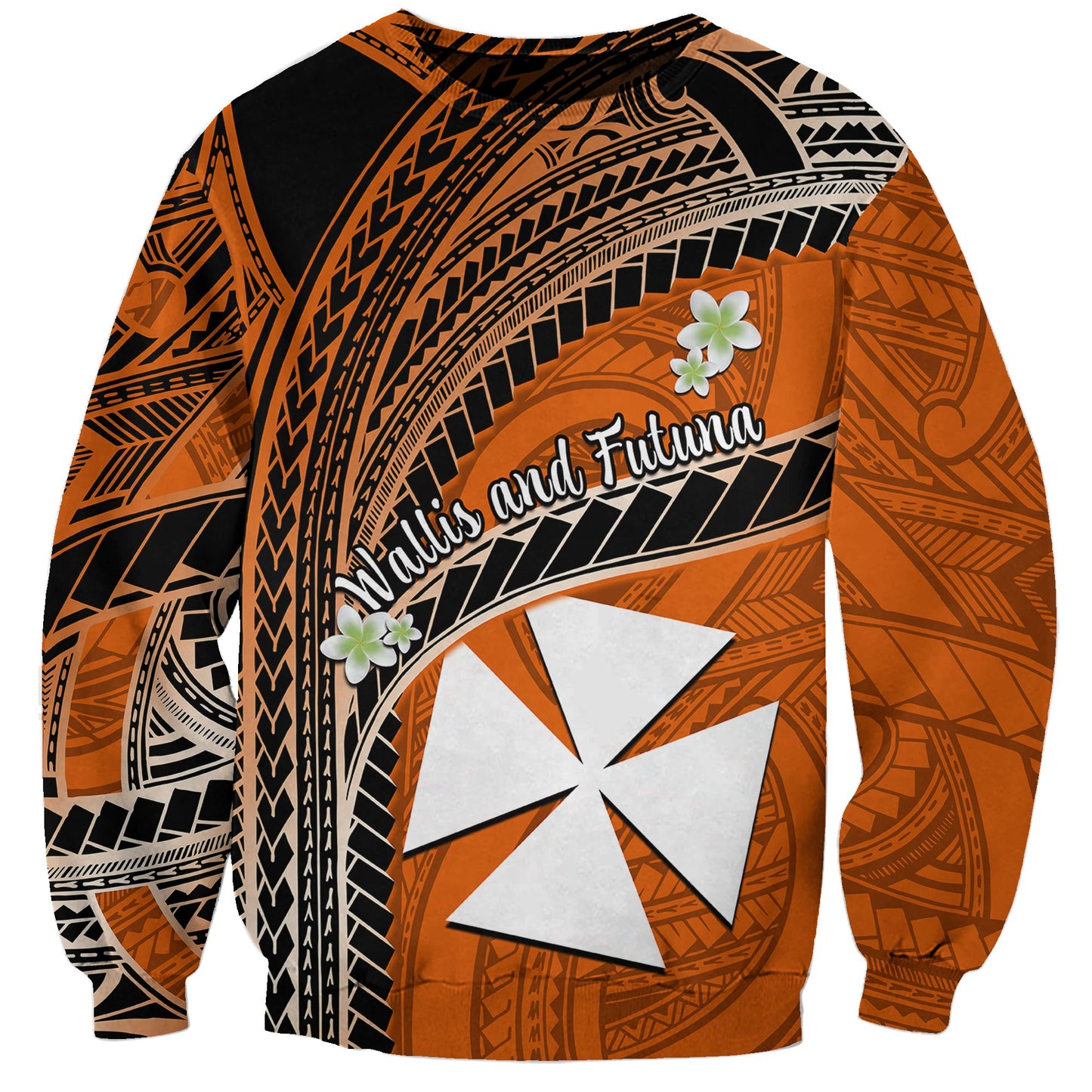 Custom Personalised Wallis And Futuna Sweatshirt Plumeria Flowers With Orange Polynesian Pattern