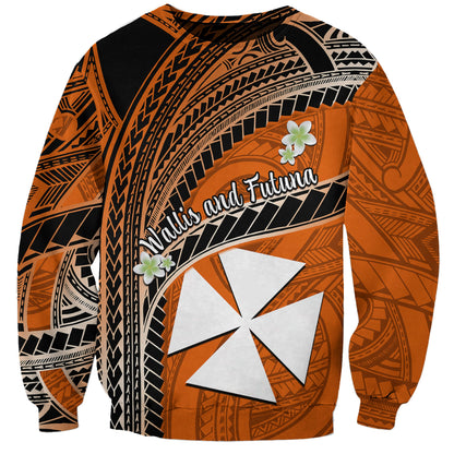 Custom Personalised Wallis And Futuna Sweatshirt Plumeria Flowers With Orange Polynesian Pattern
