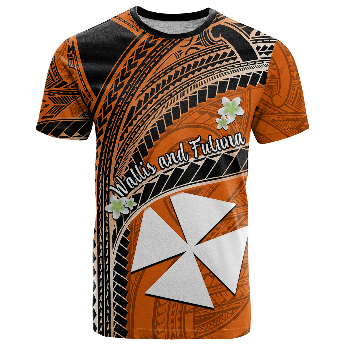 (Custom Personalised) Wallis And Futuna T Shirt Plumeria Flowers With Orange Polynesian Pattern