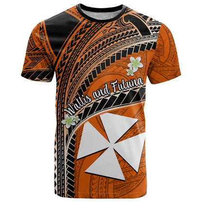 (Custom Personalised) Wallis And Futuna T Shirt Plumeria Flowers With Orange Polynesian Pattern