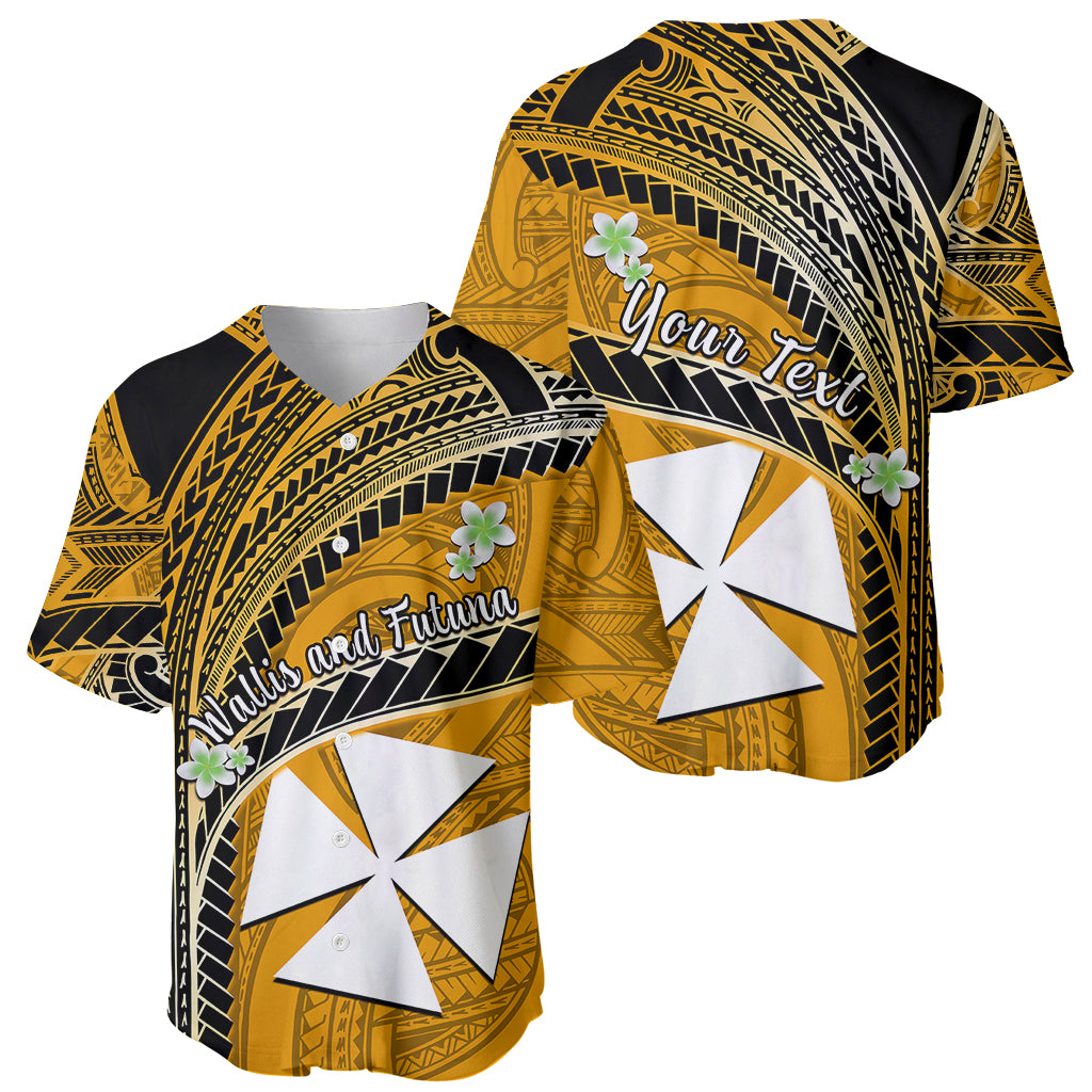 (Custom Personalised) Wallis And Futuna Baseball Jersey Plumeria Flowers With Gold Polynesian Pattern