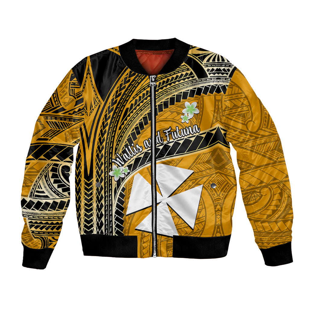 (Custom Personalised) Wallis And Futuna Bomber Jacket Plumeria Flowers With Gold Polynesian Pattern